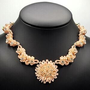 1940s Featherlite Celluloid Necklace Carved Floral Festoon Blush Pink Vintage